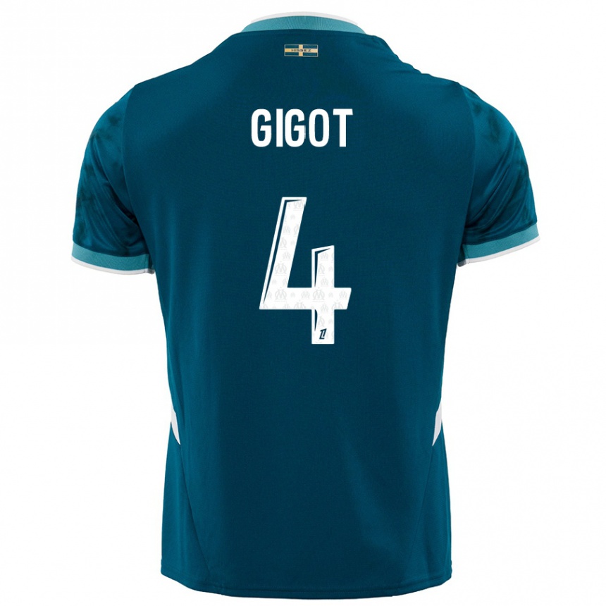 Kids Football Samuel Gigot #4 Turquoise Blue Away Jersey 2024/25 T-Shirt Uk