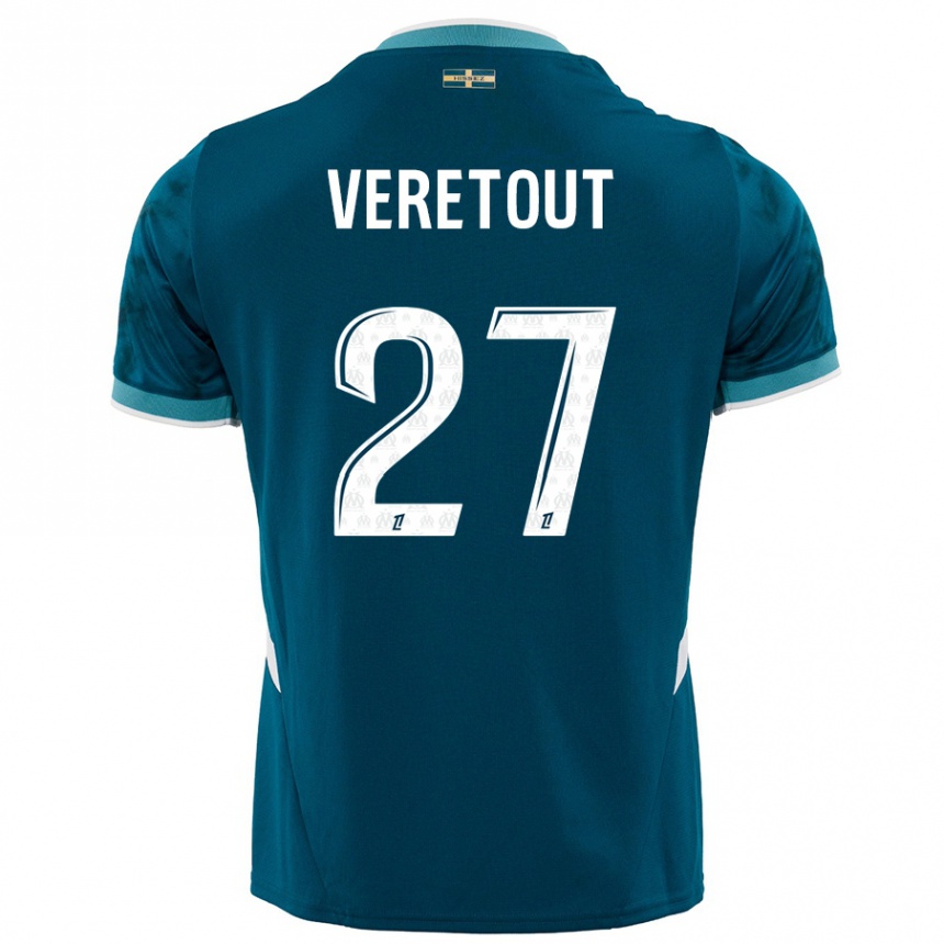 Kids Football Jordan Veretout #27 Turquoise Blue Away Jersey 2024/25 T-Shirt Uk