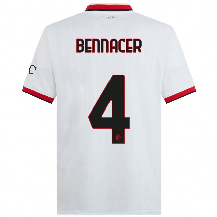 Kids Football Ismael Bennacer #4 White Black Red Away Jersey 2024/25 T-Shirt Uk