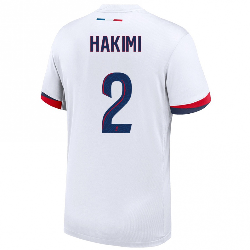 Kids Football Achraf Hakimi #2 White Blue Red Away Jersey 2024/25 T-Shirt Uk