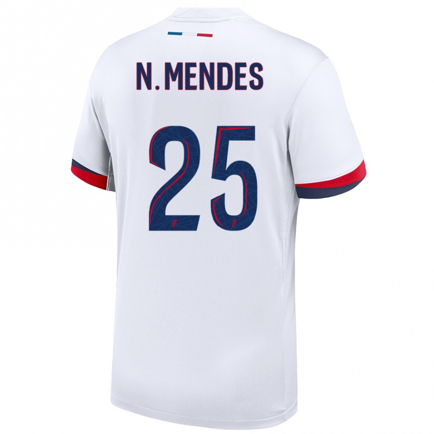 Kids Football Nuno Mendes #25 White Blue Red Away Jersey 2024/25 T-Shirt Uk