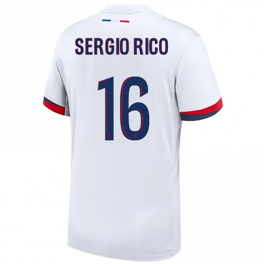 Kids Football Sergio Rico #16 White Blue Red Away Jersey 2024/25 T-Shirt Uk