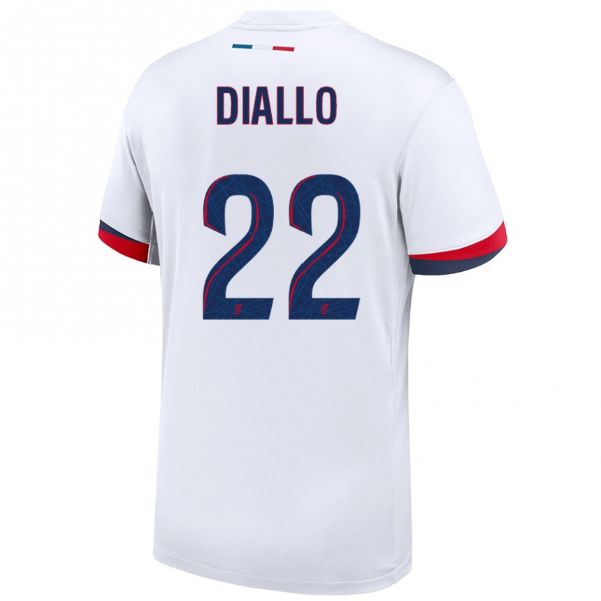 Kids Football Abdou Diallo #22 White Blue Red Away Jersey 2024/25 T-Shirt Uk