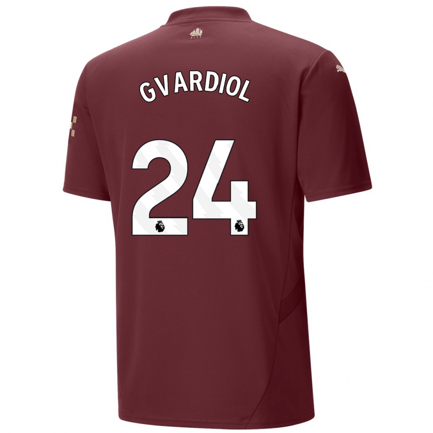 Kids Football Josko Gvardiol #24 Maroon Third Jersey 2024/25 T-Shirt Uk