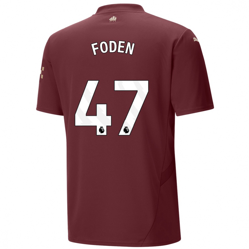 Kids Football Phil Foden #47 Maroon Third Jersey 2024/25 T-Shirt Uk