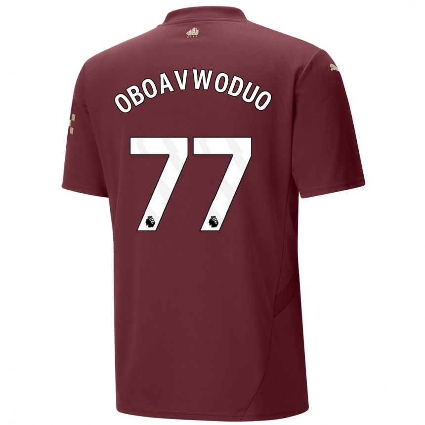 Kids Football Justin Oboavwoduo #77 Maroon Third Jersey 2024/25 T-Shirt Uk