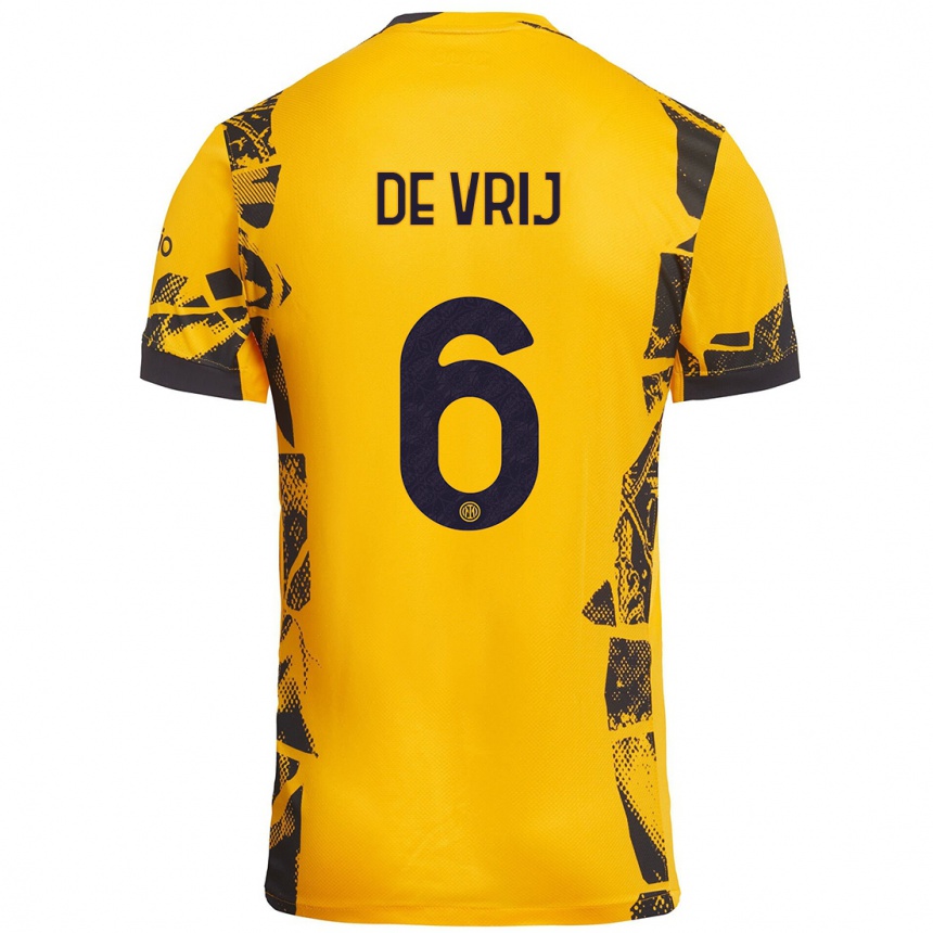 Kids Football Stefan De Vrij #6 Gold Black Third Jersey 2024/25 T-Shirt Uk