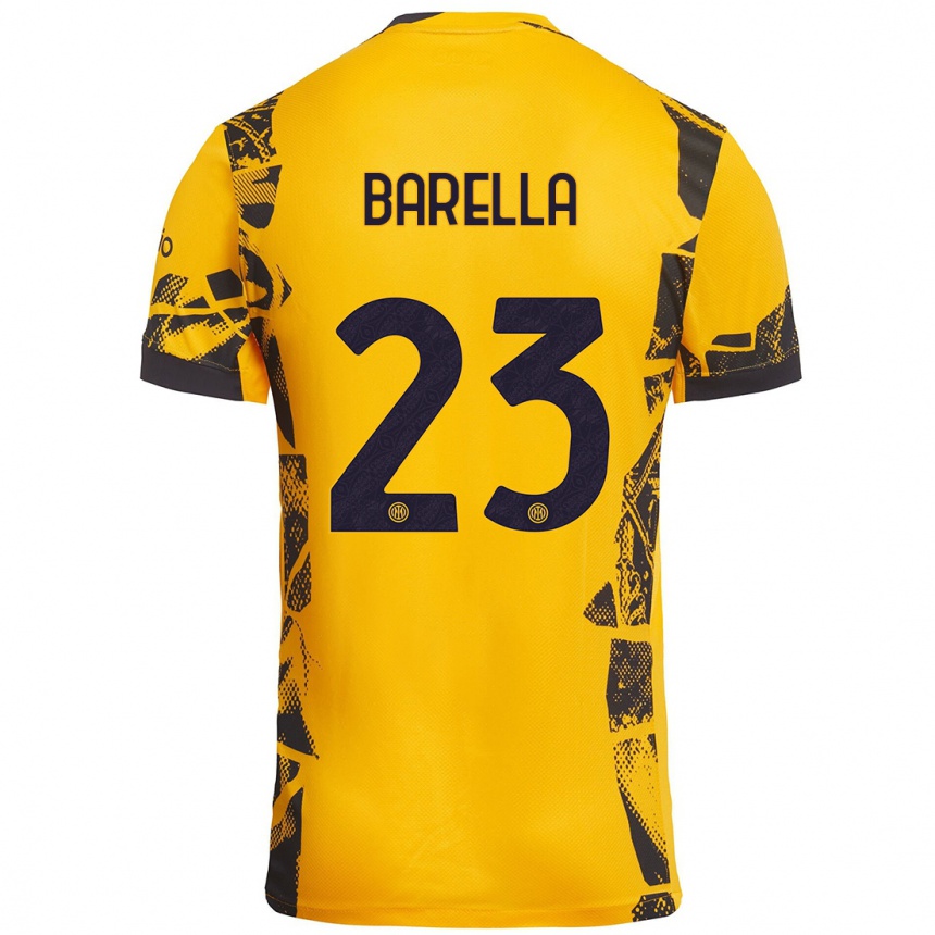 Kids Football Nicolò Barella #23 Gold Black Third Jersey 2024/25 T-Shirt Uk