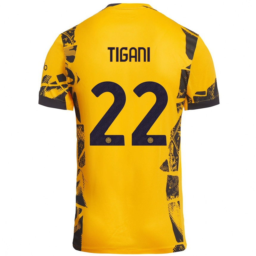 Kids Football Edoardo Tigani #22 Gold Black Third Jersey 2024/25 T-Shirt Uk