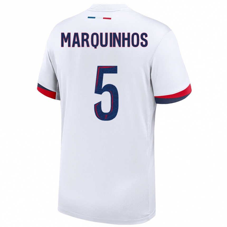 Men Football Marquinhos #5 White Blue Red Away Jersey 2024/25 T-Shirt Uk