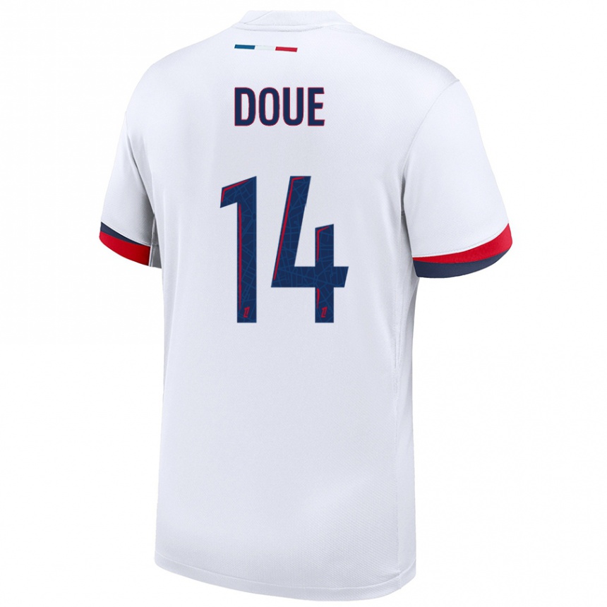 Women Football Désiré Doué #14 White Blue Red Away Jersey 2024/25 T-Shirt Uk