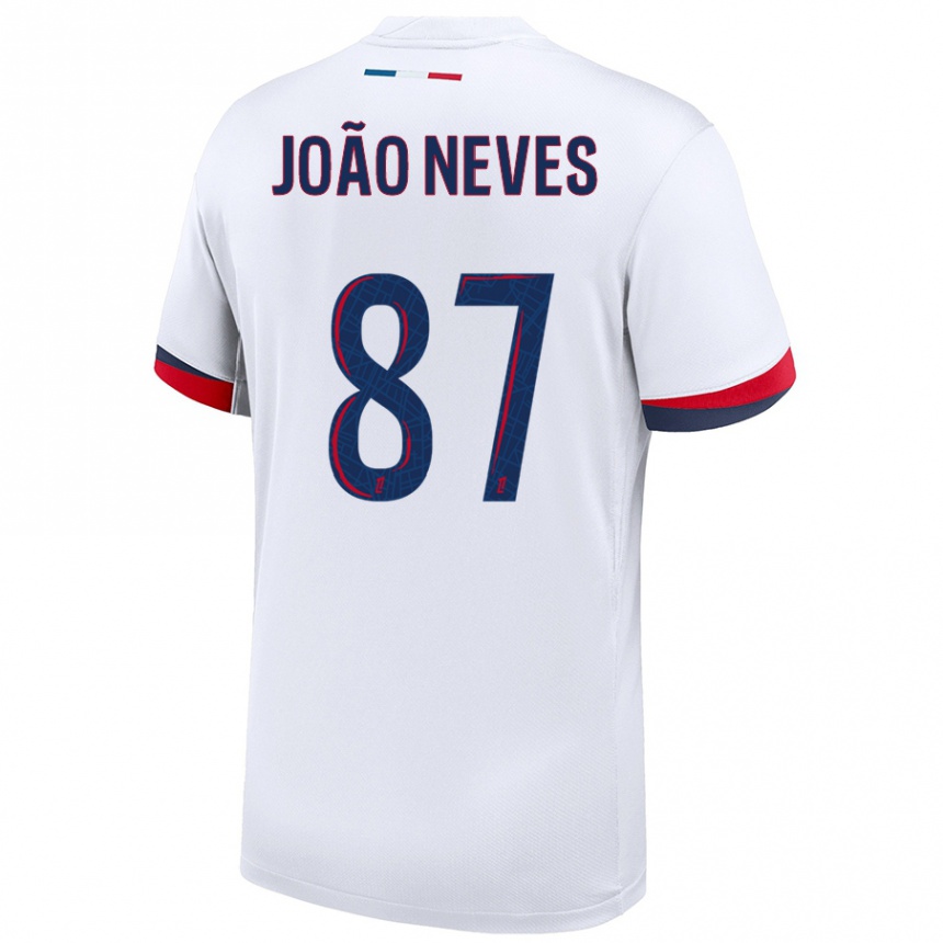 Women Football João Neves #87 White Blue Red Away Jersey 2024/25 T-Shirt Uk