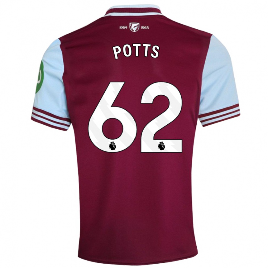 Kids Football Freddie Potts #62 Dark Red Home Jersey 2024/25 T-Shirt Uk