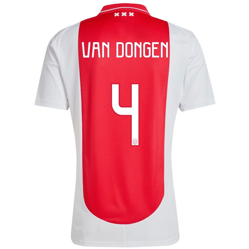 Kids Football Bram Van Dongen #4 Red White Home Jersey 2024/25 T-Shirt Uk