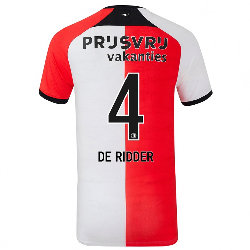 Kids Football Robine De Ridder #4 Red White Home Jersey 2024/25 T-Shirt Uk