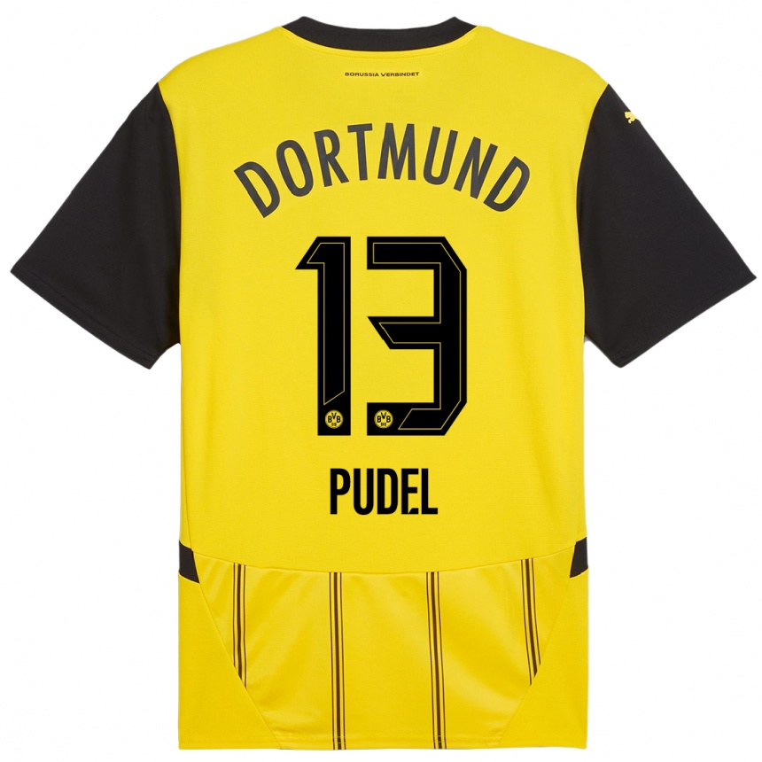 Kids Football Bjarne Pudel #13 Yellow Black Home Jersey 2024/25 T-Shirt Uk