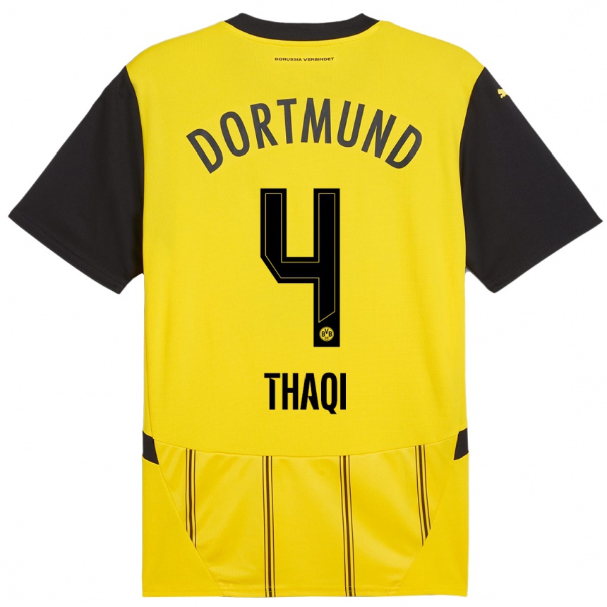 Kids Football Albin Thaqi #4 Yellow Black Home Jersey 2024/25 T-Shirt Uk