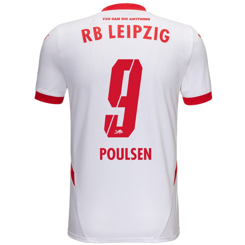 Kids Football Yussuf Poulsen #9 White Red Home Jersey 2024/25 T-Shirt Uk