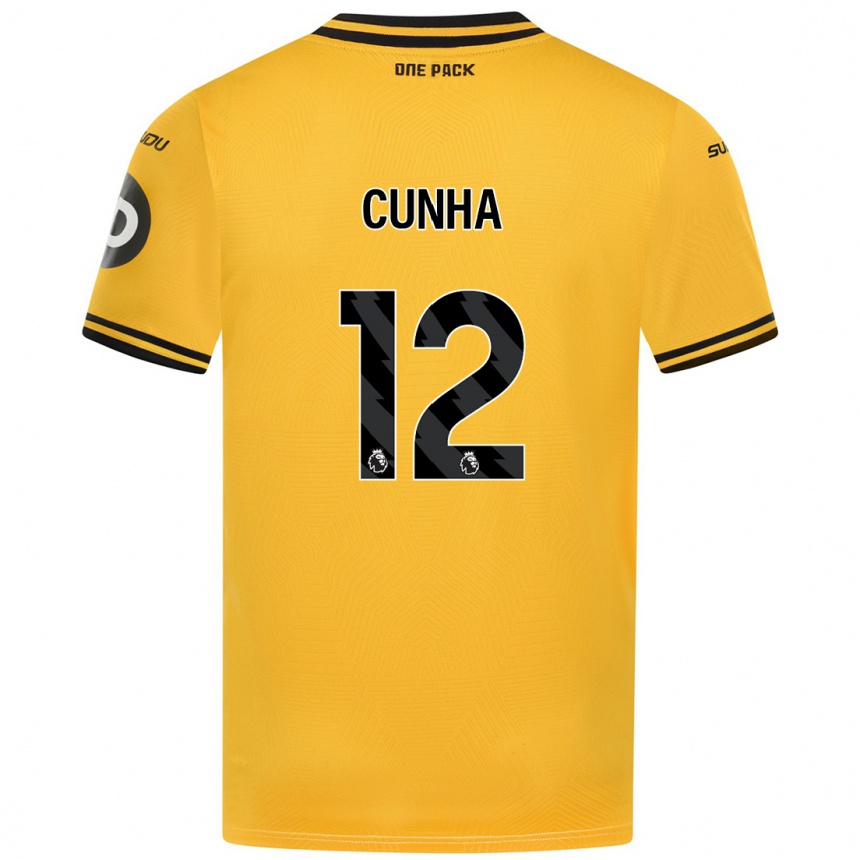 Kids Football Matheus Cunha #12 Yellow Home Jersey 2024/25 T-Shirt Uk