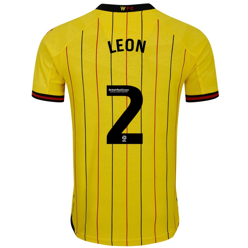 Kids Football Lucía León #2 Yellow Black Home Jersey 2024/25 T-Shirt Uk