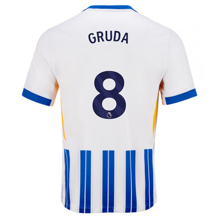 Kids Football Brajan Gruda #8 White Blue Pinstripes Home Jersey 2024/25 T-Shirt Uk