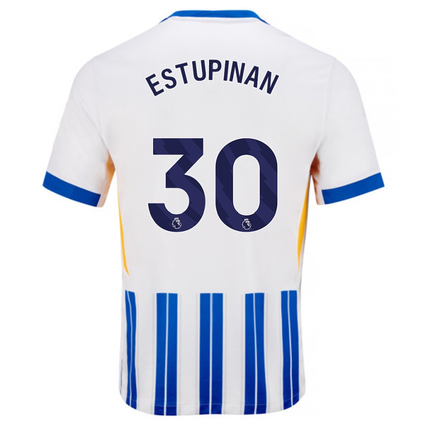 Kids Football Pervis Estupiñán #30 White Blue Pinstripes Home Jersey 2024/25 T-Shirt Uk