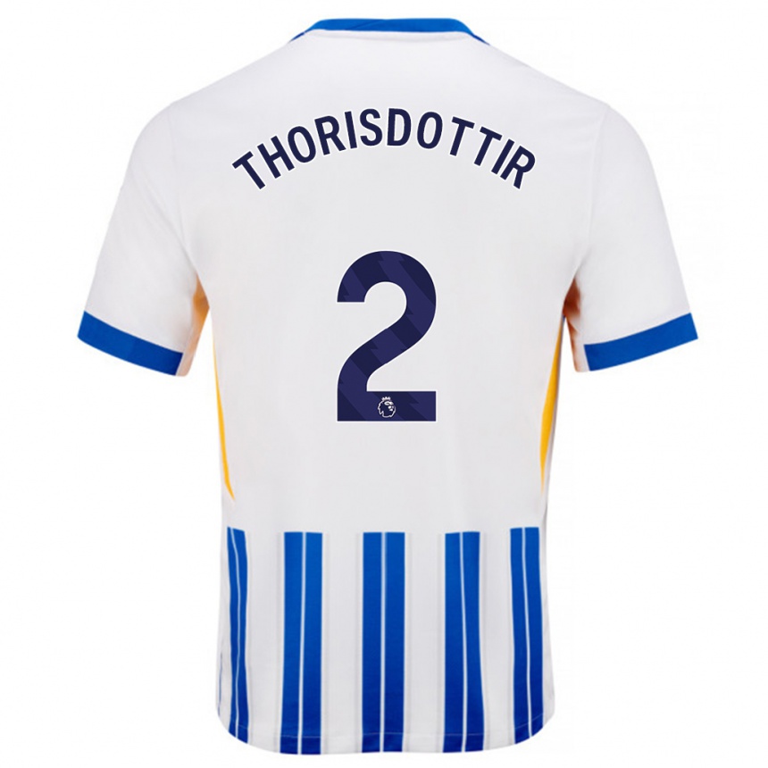 Kids Football Maria Thorisdottir #2 White Blue Pinstripes Home Jersey 2024/25 T-Shirt Uk