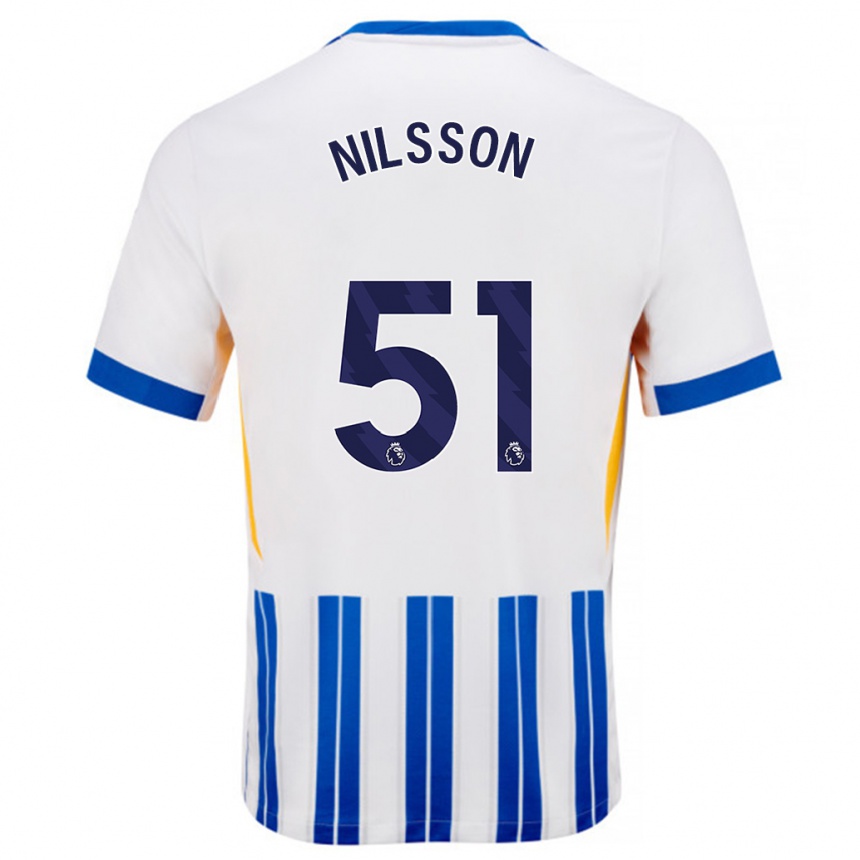 Kids Football Casper Nilsson #51 White Blue Pinstripes Home Jersey 2024/25 T-Shirt Uk