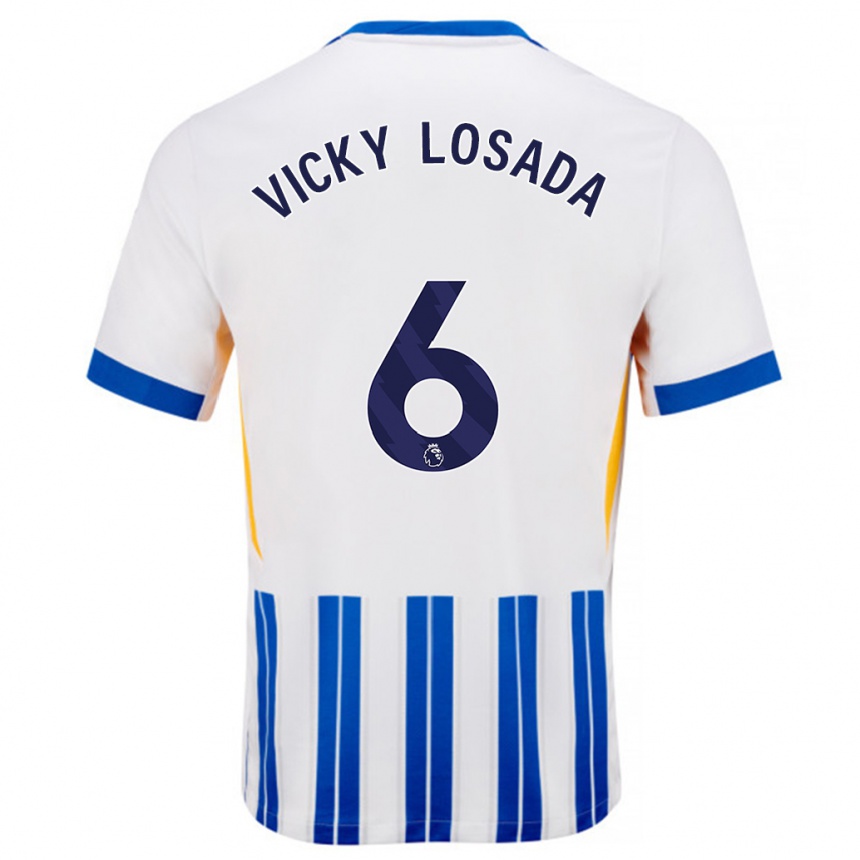 Kids Football María Victoria Losada Gómez #6 White Blue Pinstripes Home Jersey 2024/25 T-Shirt Uk