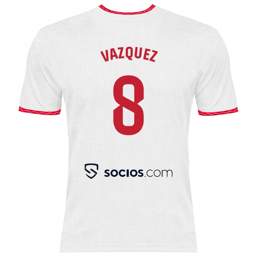 Kids Football Manolo Vázquez #8 White Red Home Jersey 2024/25 T-Shirt Uk