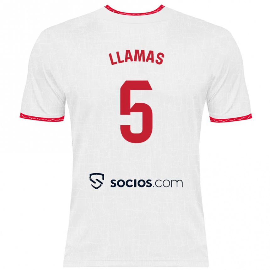 Kids Football Eva Llamas Hernández #5 White Red Home Jersey 2024/25 T-Shirt Uk