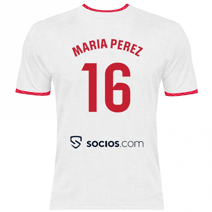 Kids Football María Pérez Rabaza #16 White Red Home Jersey 2024/25 T-Shirt Uk