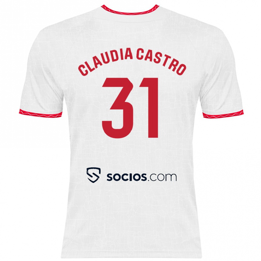 Kids Football Claudia Castro Romero #31 White Red Home Jersey 2024/25 T-Shirt Uk