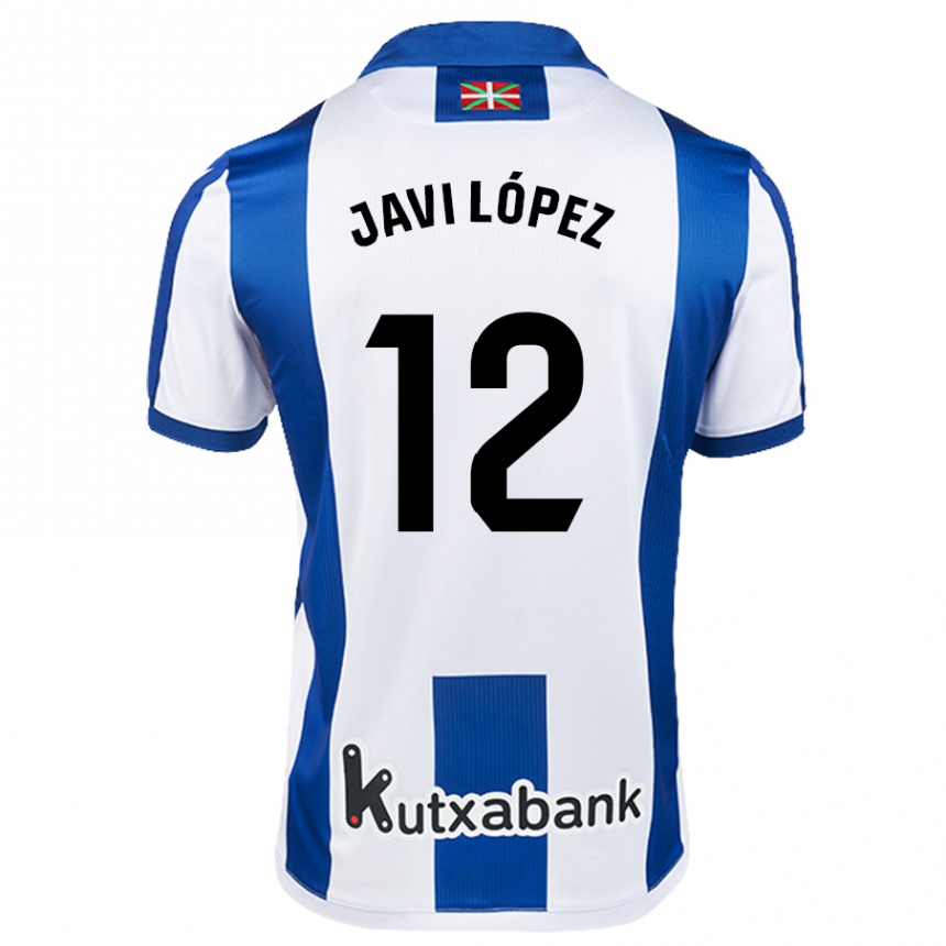 Kids Football Javi López #12 White Blue Home Jersey 2024/25 T-Shirt Uk