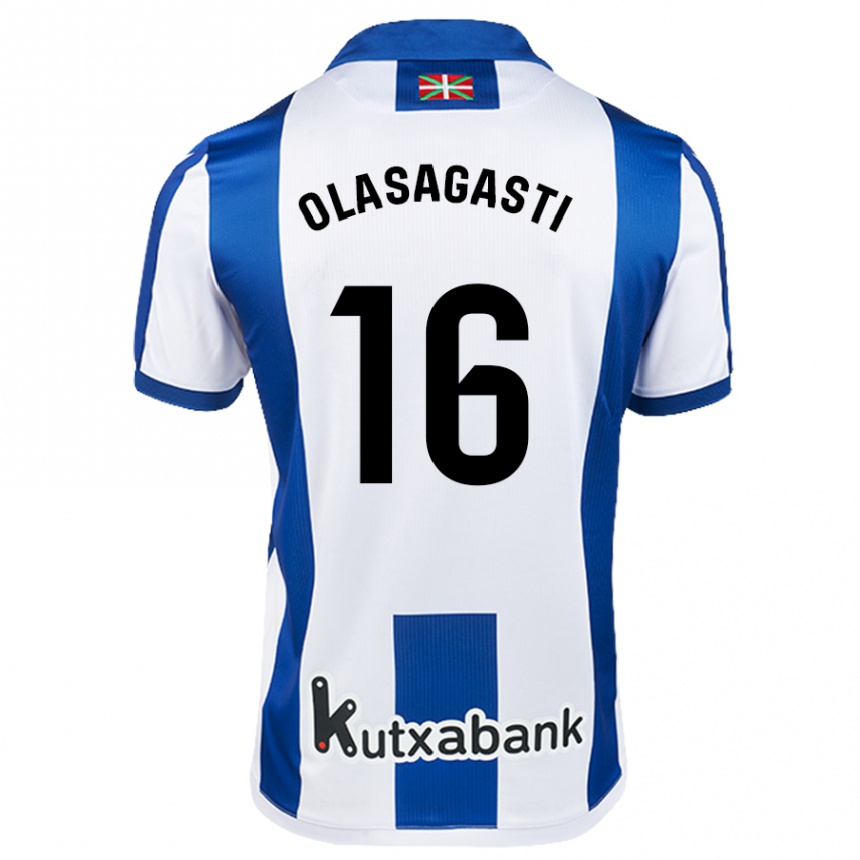 Kids Football Jon Ander Olasagasti #16 White Blue Home Jersey 2024/25 T-Shirt Uk