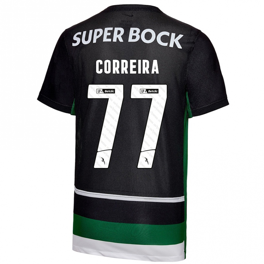 Kids Football Alicia Figueiredo Lima Correia #77 Black White Green Home Jersey 2024/25 T-Shirt Uk