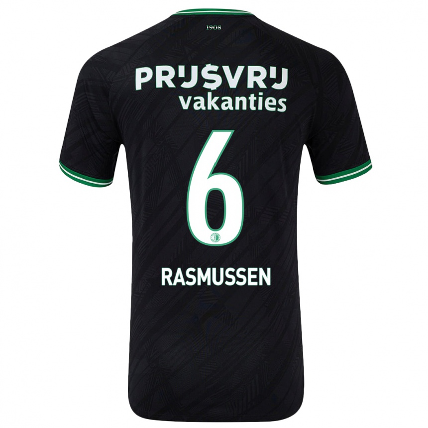 Kids Football Jacob Rasmussen #6 Black Green Away Jersey 2024/25 T-Shirt Uk