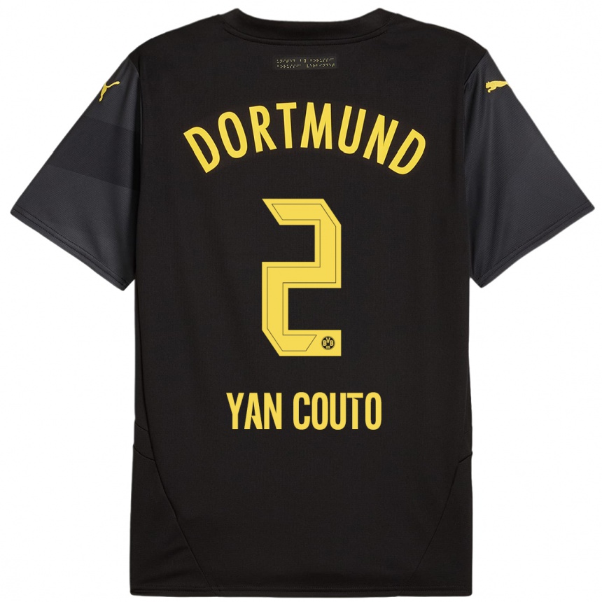 Kids Football Yan Couto #2 Black Yellow Away Jersey 2024/25 T-Shirt Uk