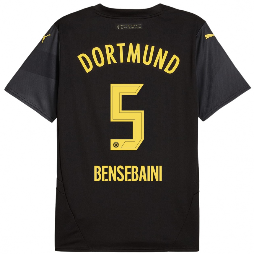 Kids Football Ramy Bensebaini #5 Black Yellow Away Jersey 2024/25 T-Shirt Uk