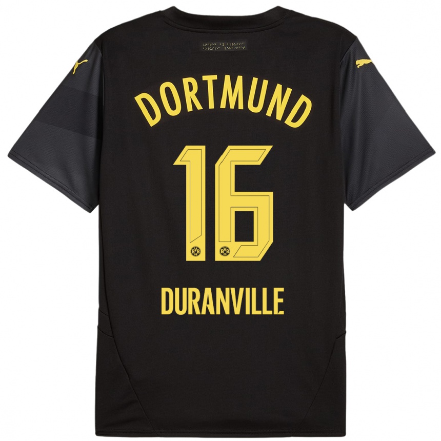 Kids Football Julien Duranville #16 Black Yellow Away Jersey 2024/25 T-Shirt Uk