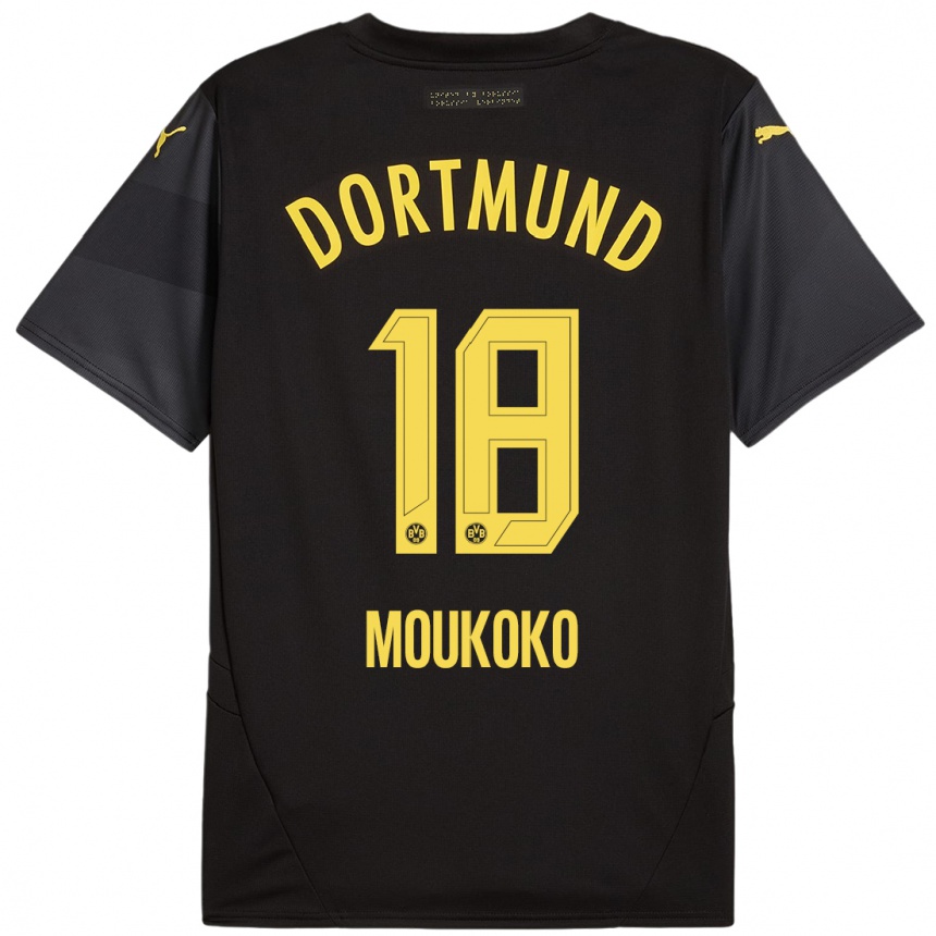 Kids Football Youssoufa Moukoko #18 Black Yellow Away Jersey 2024/25 T-Shirt Uk