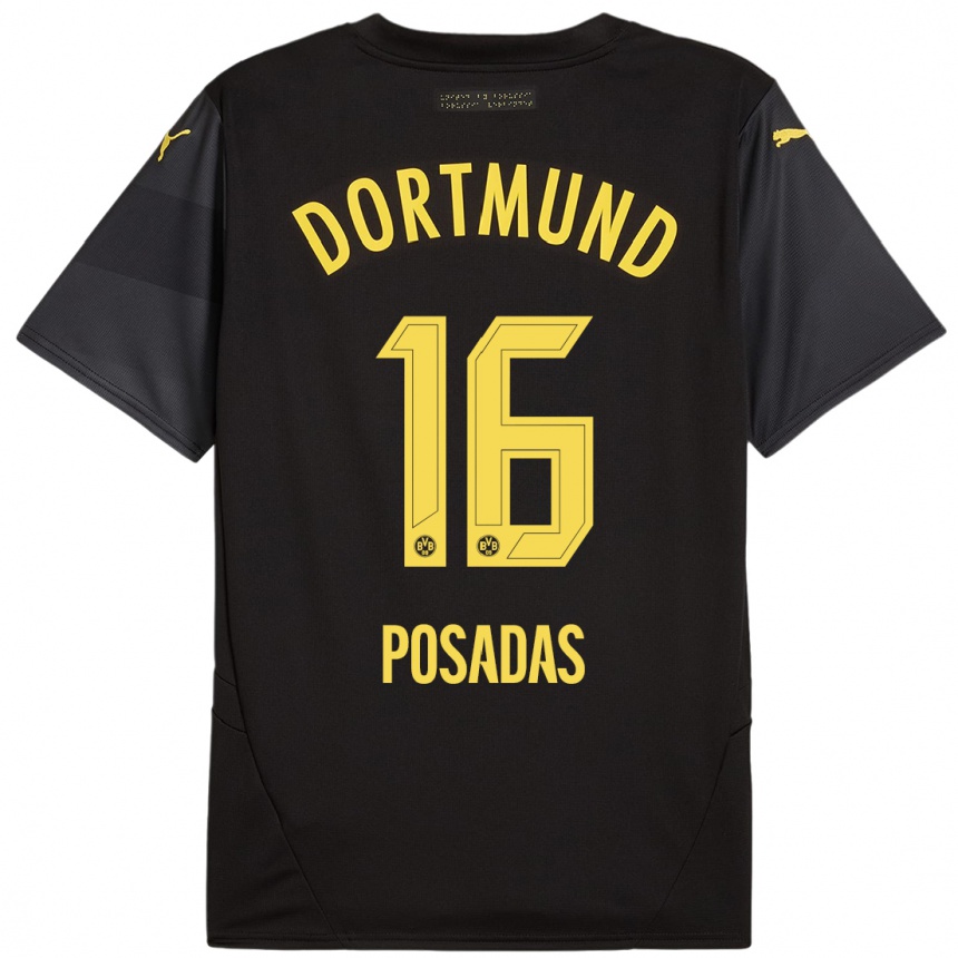 Kids Football Leonardo Posadas #16 Black Yellow Away Jersey 2024/25 T-Shirt Uk