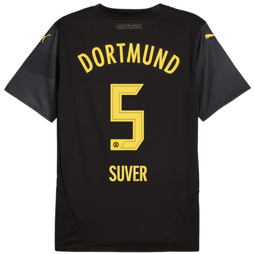 Kids Football Mario Suver #5 Black Yellow Away Jersey 2024/25 T-Shirt Uk