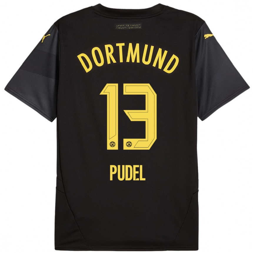 Kids Football Bjarne Pudel #13 Black Yellow Away Jersey 2024/25 T-Shirt Uk