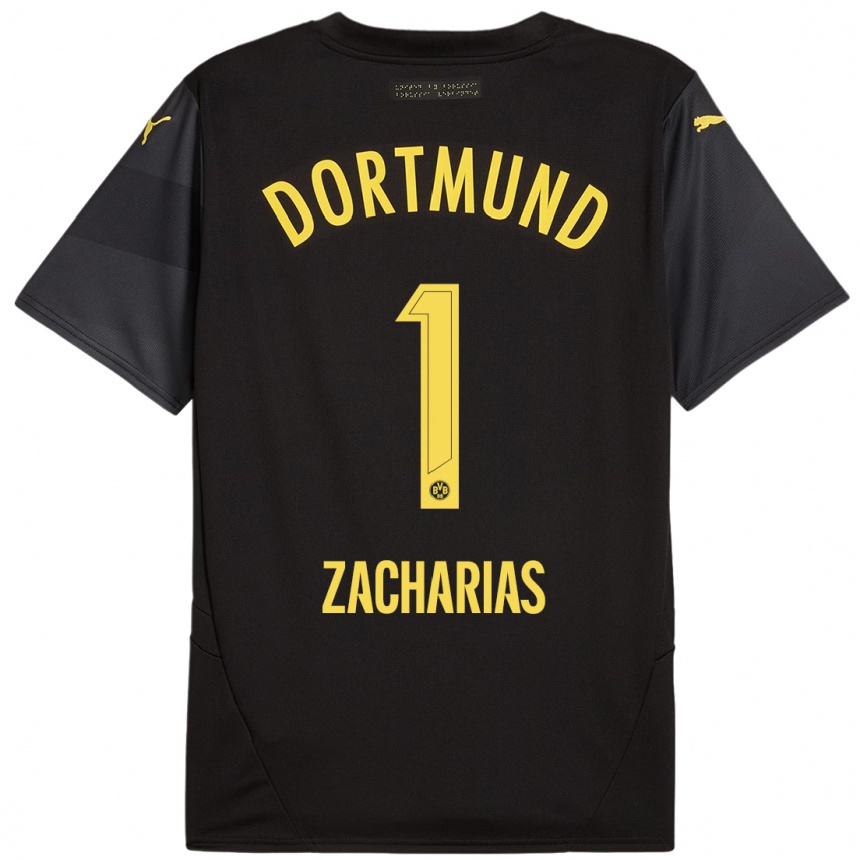 Kids Football Marlon Zacharias #1 Black Yellow Away Jersey 2024/25 T-Shirt Uk