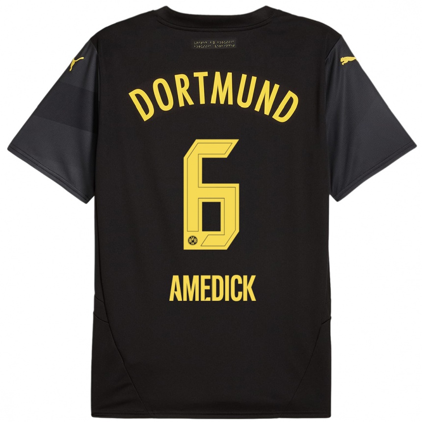 Kids Football Maik Amedick #6 Black Yellow Away Jersey 2024/25 T-Shirt Uk