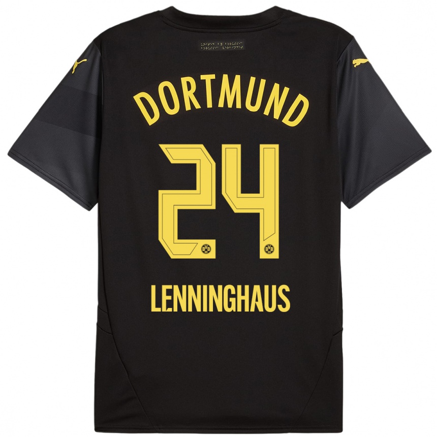 Kids Football Mika Lenninghaus #24 Black Yellow Away Jersey 2024/25 T-Shirt Uk