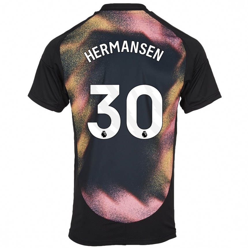 Kids Football Mads Hermansen #30 Black White Away Jersey 2024/25 T-Shirt Uk