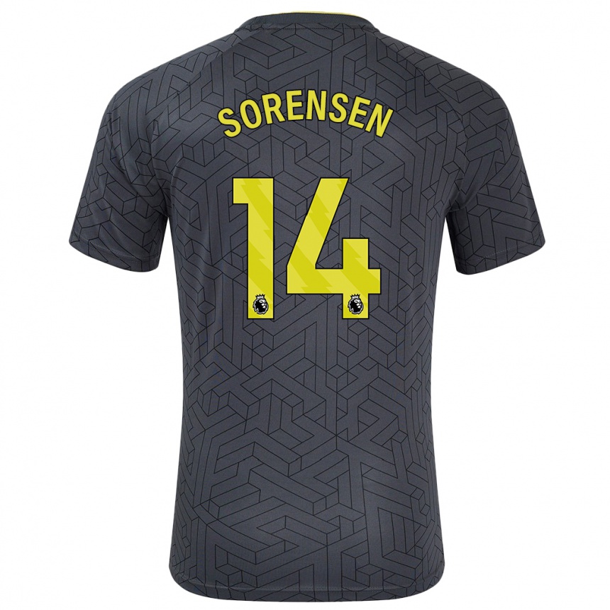 Kids Football Nicoline Sorensen #14 Black Yellow Away Jersey 2024/25 T-Shirt Uk