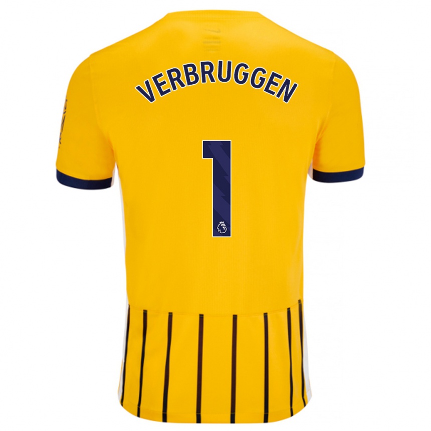 Kids Football Bart Verbruggen #1 Gold Blue Pinstripes Away Jersey 2024/25 T-Shirt Uk